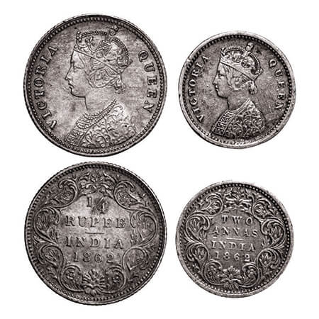 Victoria Queen, Silver, 1/4 Rupee & 2 Annas, (2 coins), 1862, 1) Calcutta Mint, A/I, 2) Bo