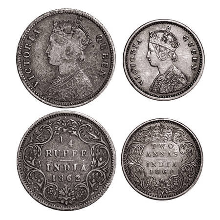 Victoria Queen, Silver, 1/4 Rupee & 2 Annas, (2 coins), 1862, 1) Calcutta Mint, A/I, 2) Bo