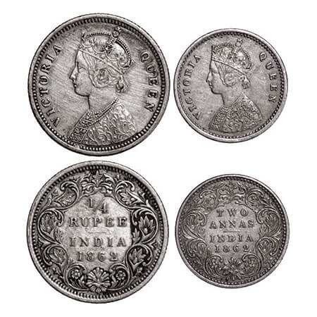 Victoria Queen, Silver, 1/4 Rupee & 2 Annas, (2 coins), 1862, Bombay Mint, A/I, 1) Error, 