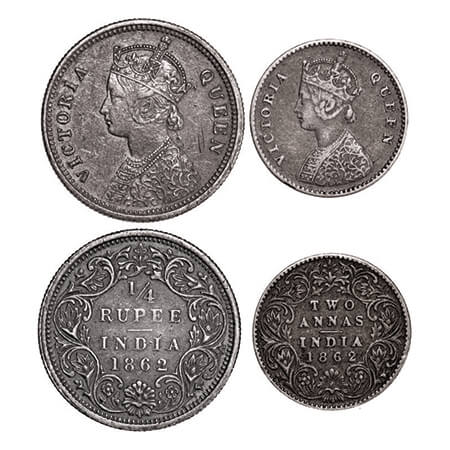 Victoria Queen, Silver, 1/4 Rupee & 2 Annas, (2 coins), 1862, 1) Bombay Mint, A/I, 2) Calc