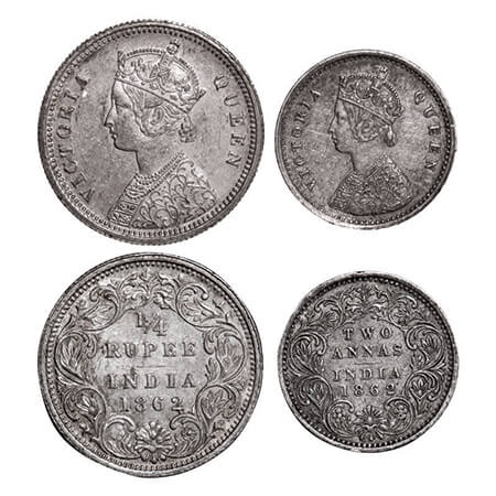 Victoria Queen, Silver, 1/4 Rupee & 2 Annas, (2 coins), 1862, Bombay Mint, A/I. GK 377, 38