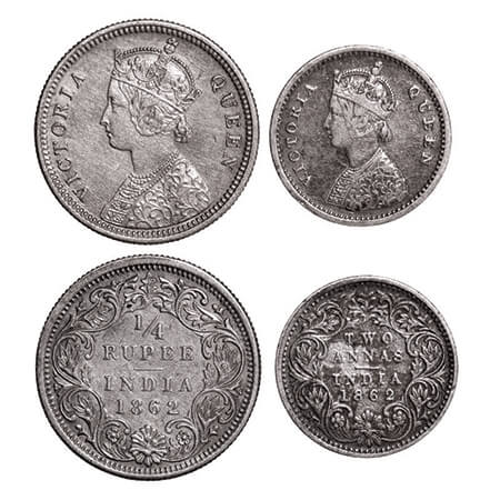 Victoria Queen, Silver, 1/4 Rupee & 2 Annas, (2 coins), 1862, Bombay Mint, A/I, GK 377, 38