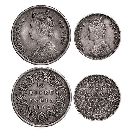 Victoria Queen, Silver, 1/4 Rupee & 2 Annas, (2 coins), 1862, 1) Bombay Mint, A/I, 2) Calc