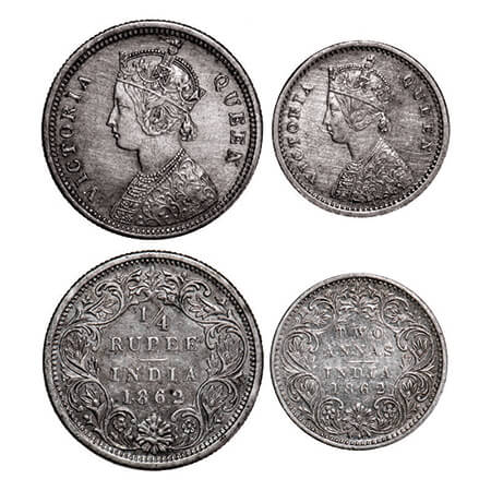 Victoria Queen, Silver, 1/4 Rupee & 2 Annas, (2 coins), 1862, Bombay Mint, A/I. GK 377, 38