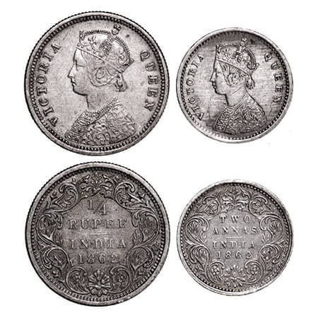 Victoria Queen, Silver, 1/4 Rupee & 2 Annas, (2 coins), 1862, Bombay Mint, A/I. GK 377, 38