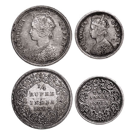 Victoria Queen, Silver, 1/4 Rupee & 2 Annas, (2 coins), 1862, Bombay Mint, A/I. GK 377, 38