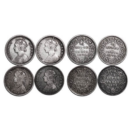 Victoria Queen, Silver, 1/4 Rupee, (4 coins), 1) 1862, Bombay Mint, A/I, 2) 1874, Bombay M