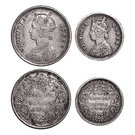 Victoria Queen, Silver, 1/4 Rupee & 2 Annas, (2 coins), 1862, Bombay Mint, A/I. GK 377, 38