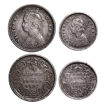 Victoria Queen, Silver, 1/4 Rupee & 2 Annas, (2 coins), 1862, Bombay Mint, A/I. GK 377, 38