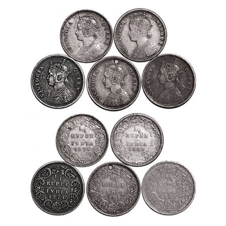 Victoria Queen & Empress, Silver, 1/4 Rupee, (5 coins), 1) 1862, Bombay Mint, A/I, 2) 1874