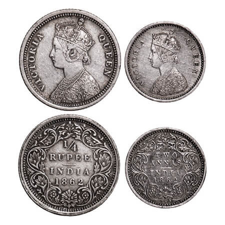 Victoria Queen, Silver, 1/4 Rupee & 2 Annas, (2 coins), 1862, 1) Madras Mint, A/I, 2) Bomb