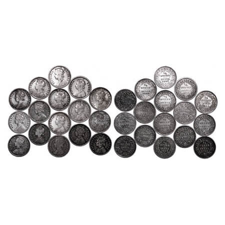 Victoria Queen & Empress, Silver, 1/4 Rupee, (Lot of 16 coins), Bombay Mint, 1862, 1874, 1