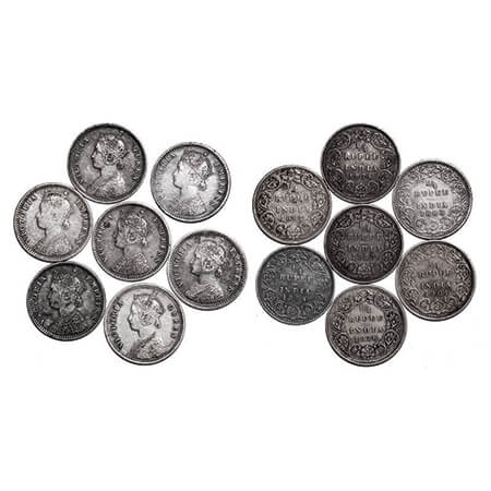 Victoria Queen & Empress, Silver, 1/4 Rupee, (Lot of 7 coins), 1874, Calcutta Mint, A/I, N