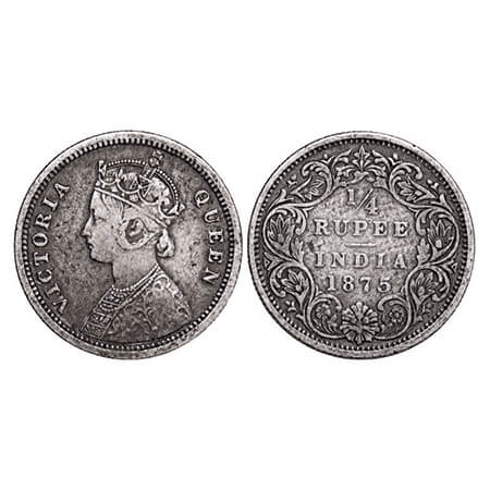 Victoria Queen, Silver, 1/4 Rupee, 1875, Bombay Mint, A/I, No dot. GK 666. About Very Fine