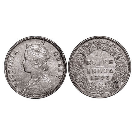 Victoria Queen, Silver, 1/4 Rupee, 1876, Calcutta Mint, A/I, No mint mark, No 'C', Ex-moun