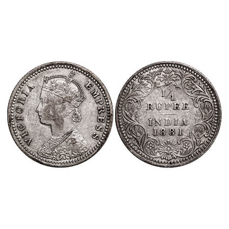 Victoria Empress, Silver, 1/4 Rupee, 1881, Calcutta Mint, C/II, 'C' incused, Ghost on Rev.