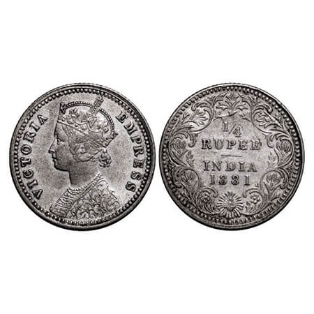Victoria Empress, Silver, 1/4 Rupee, 1881, Calcutta Mint, C/II, 'C' incused. GK 680. Very 