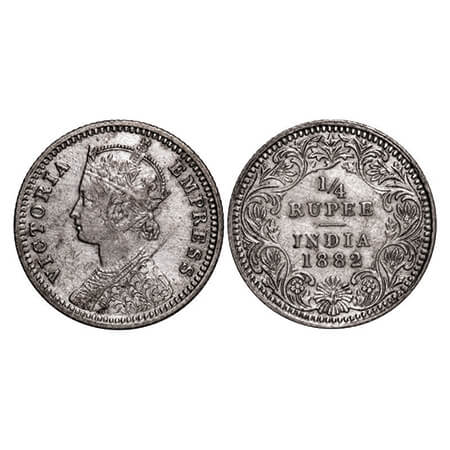 Victoria Empress, Silver, 1/4 Rupee, 1882, Calcutta Mint, C/II, 'C' incused. Ghost on Rev,