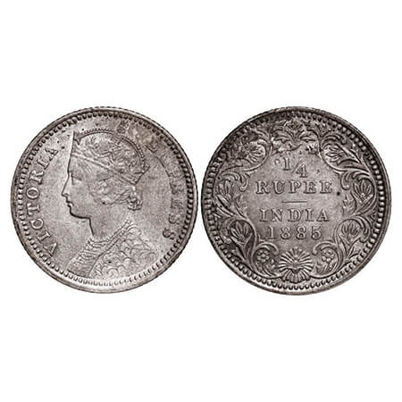 Victoria Empress, Silver, 1/4 Rupee, 1885, Calcutta Mint, C/II, 'C' incused. GK 702. Very 