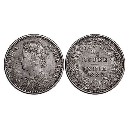Victoria Empress, Silver, 1/4 Rupee, 1887, Bombay int, C(i)/II, 'B' raised. GK 708. Extrem
