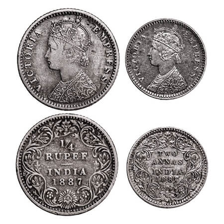 Victoria Empress, Silver, 1/4 Rupee & 2 Annas, (2 coins), 1887, 1) Bombay Mint, C(i)/II, '