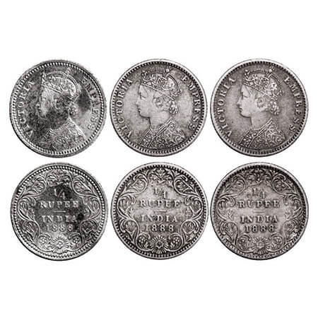 Victoria Empress, Silver, 1/4 Rupee, (3 coins), 1888, 1) Bombay Mint, C(i)/II, 'B' raised,