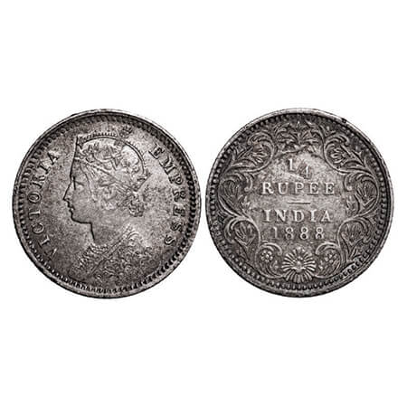 Victoria Empress, Silver, 1/4 Rupee, 1888, Calcutta Mint, C/II, No mint mark, No 'C'. GK 7