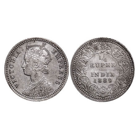 Victoria Empress, Silver, 1/4 Rupee, 1889, Calcutta Mint, C/II, 'C' incused, Ghost on Rev,