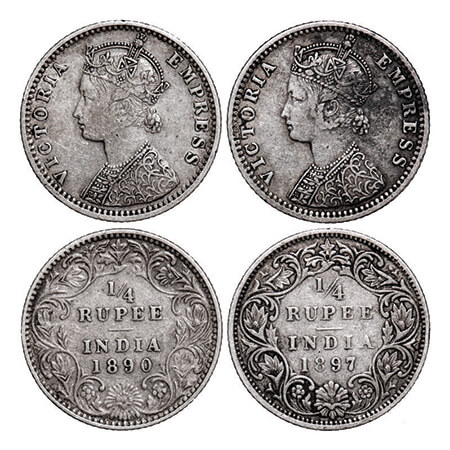 Victoria Empress, Silver, 1/4 Rupee (2 Coins), 1890, Bombay Mint, C(i)/II, 'B' incused, 18