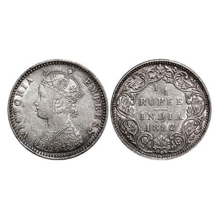 Victoria Empress, Silver, 1/4 Rupee, 1892, Bombay Mint, C(i)/I, 'B' incused. GK 722. Very 