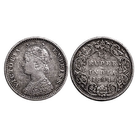Victoria Empress, Silver, 1/4 Rupee, 1894, Bombay Mint, C(i)/I, 'B' incused. GK 726. Very 