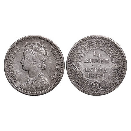 Victoria Empress, Silver, 1/4 Rupee, 1894, Calcutta Mint, C/II, 'C' incused. GK 727. Very