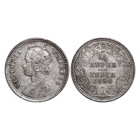 Victoria Empress, Silver, 1/4 Rupee, 1896, Calcutta Mint, C/II, 'C' incused, Ghost on Rev.
