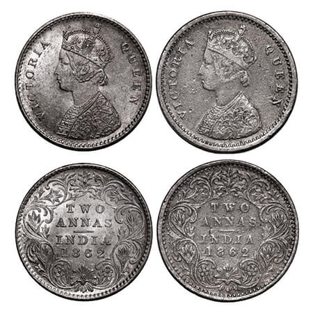 Victoria Queen, Silver, 2 Annas, (2 coins), 1862, Calcutta Mint & Bombay Mint, A/I. GK 380
