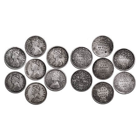 Victoria Queen, Silver, 2 Annas, (Lot of 7 coins), 1862, Calcutta Mint (3), Bombay Mint (4