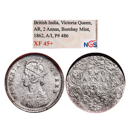 Victoria Queen, Silver, 2 Annas, 1862, Bombay Mint, A/I. GK 383. NGS Slabbed XF 45+. Scarc