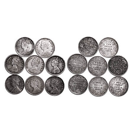 Victoria Queen & Empress, Silver, 2 Annas, (Lot of 8 coins), Bombay Mint, 1862, 1874, 1888