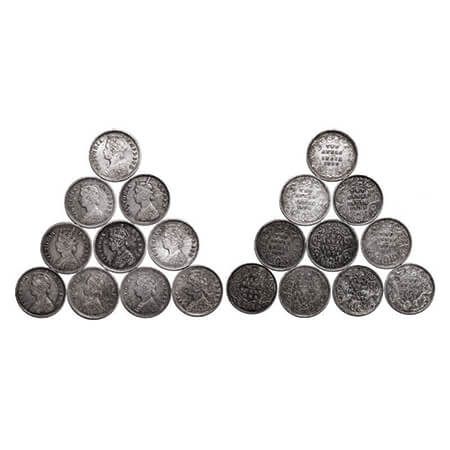 Victoria Queen & Empress, Silver, 2 Annas, (Lot of 10 coins),Bombay Mint, 1862, 1874, 1890