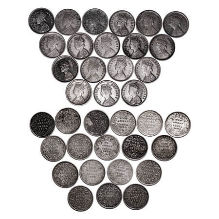 Victoria Queen & Empress, Silver, 2 Annas, (Lot of 18 coins),Bombay Mint, 1862, 1877, 1884