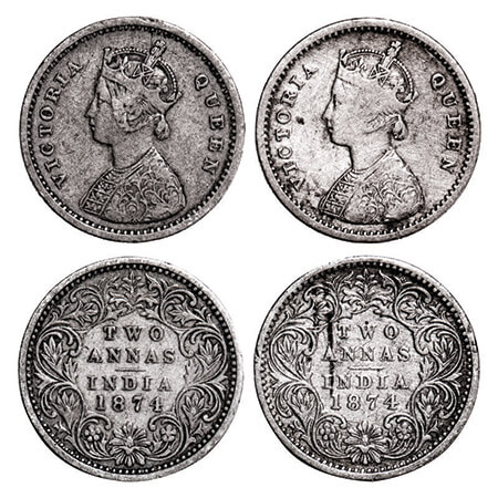 Victoria Queen, Silver, 2 Annas, (2 coins), 1874, Bombay Mint, A/I, No mint mark, No dot. 