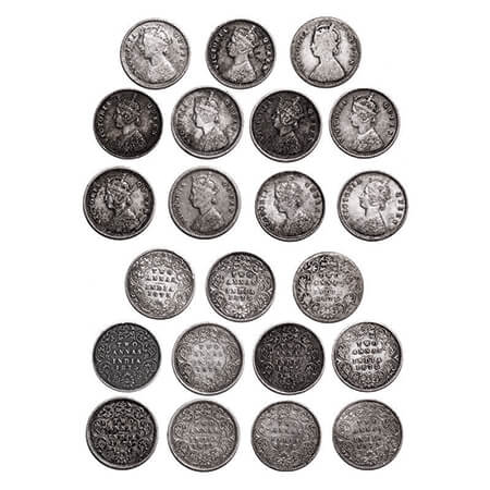 Victoria Queen, Silver, 2 Annas, (Lot of 11 coins), 1875, 1) Bombay Mint, A/I, No mint mar