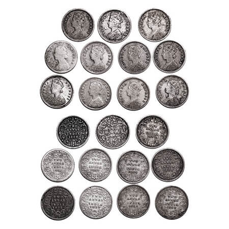 Victoria Empress, Silver, 2 Annas, (Lot of 11 coins), 1 & 2) 1877, Bombay Mint, A/I, Dot, 