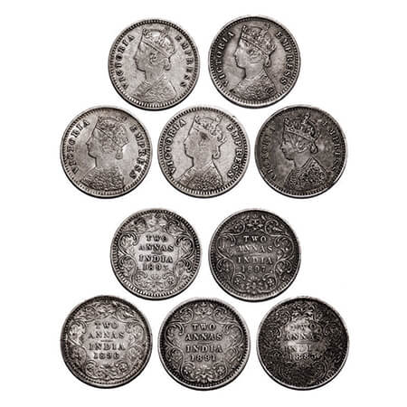 Victoria Empress, Silver, 2 Annas (5 Coins), 1883, Bombay Mint, A/I, Dot, 1891, Bombay Min