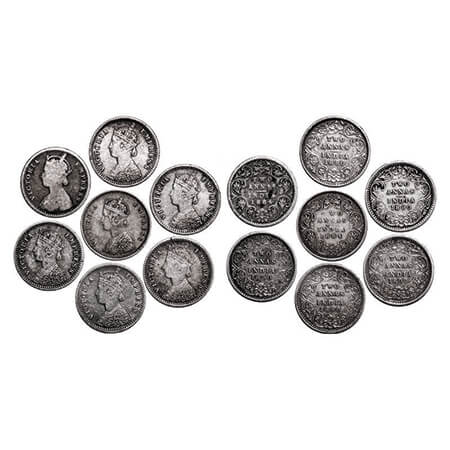 Victoria Empress, Silver, 2 Annas, (lot of 7 coins), 1884 (2), Bombay Mint, A/I, No dot, 1