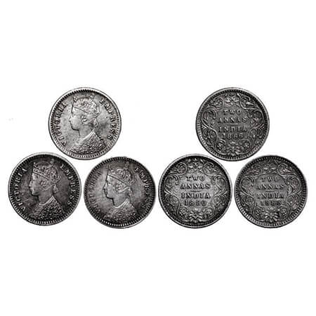 Victoria Empress, Silver, 2 Annas, (3 coins), 1) 1886, Bombay Mint, B/II, 'B' incused, 2) 