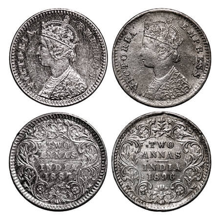 Victoria Empress, Silver, 2 Annas, (2 coins), 1) 1887, Calcutta Mint, B/II, 'C' incused, 2