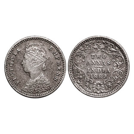Victoria Empress, Silver, 2 Annas, 1889, Bombay Mint, B/II, 'B' incused. GK 787. Very Fine
