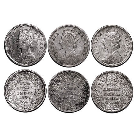Victoria Empress, Silver, 2 Annas, (3 coins), 1891, 1897, 1898, Calcutta Mint, B/II, 'C' i