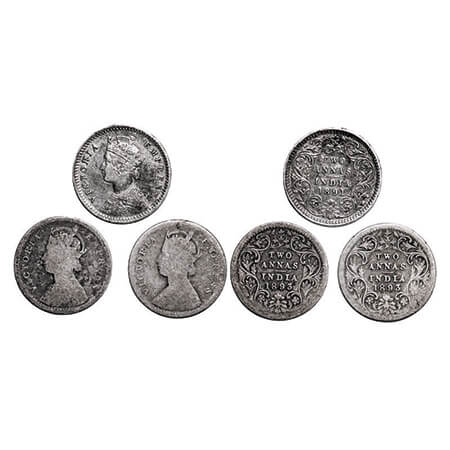 Victoria Empress, Silver, 2 Annas, (3 coins), Calcutta Mint, 1) 1891, B/II, 'C' incused, 2