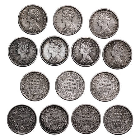 Victoria Empress, Silver, 2 Annas, (Lot of 7 coins), 1901, Calcutta Mint, B/II, 'C' incuse